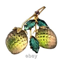 Vintage Austria Fruit Brooch Green Glass Leaves Blush Green Berries Pink Rhinest