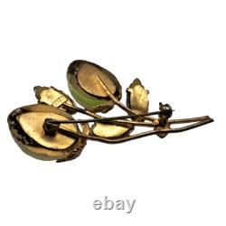 Vintage Austria Fruit Brooch Green Glass Leaves Blush Green Berries Pink Rhinest
