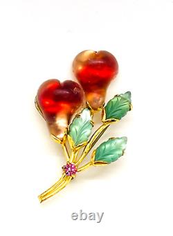 Vintage Austria Molded Glass Pear Fruit & Rhinestone Brooch/Pin Rare