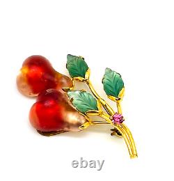 Vintage Austria Molded Glass Pear Fruit & Rhinestone Brooch/Pin Rare