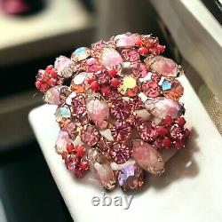 Vintage Austria Pink AB Rhinestone Brooch Molded Lava Givre Glass Faux Coral