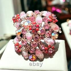Vintage Austria Pink AB Rhinestone Brooch Molded Lava Givre Glass Faux Coral