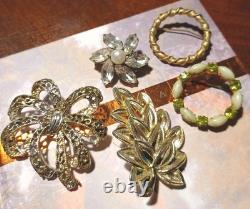 Vintage Austrian Crystal Brooch Lot Rhinestone Flower Jade Wreath Leaf Bow