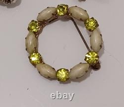 Vintage Austrian Crystal Brooch Lot Rhinestone Flower Jade Wreath Leaf Bow