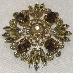 Vintage Austrian Crystal Gold Tone Brooch With Amber Topaz Navette Stones, 2.1