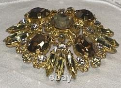 Vintage Austrian Crystal Gold Tone Brooch With Amber Topaz Navette Stones, 2.1
