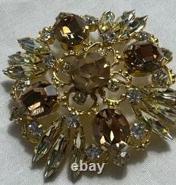 Vintage Austrian Crystal Gold Tone Brooch With Amber Topaz Navette Stones, 2.1