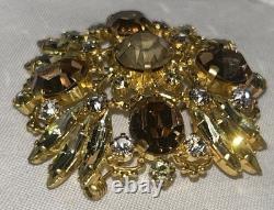 Vintage Austrian Crystal Gold Tone Brooch With Amber Topaz Navette Stones, 2.1