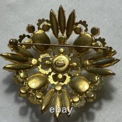 Vintage Austrian Crystal Gold Tone Brooch With Amber Topaz Navette Stones, 2.1
