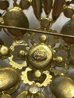 Vintage Austrian Crystal Gold Tone Brooch With Amber Topaz Navette Stones, 2.1