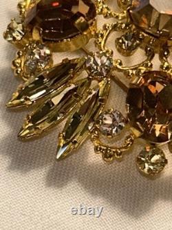 Vintage Austrian Crystal Gold Tone Brooch With Amber Topaz Navette Stones, 2.1