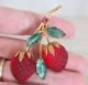 Vintage Austrian Double Red Strawberry Molded Fruit Glass Brooch Gold Tone