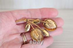 Vintage Austrian Double Red Strawberry Molded Fruit Glass Brooch Gold Tone