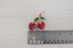 Vintage Austrian Double Red Strawberry Molded Fruit Glass Brooch Gold Tone