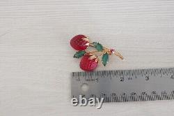 Vintage Austrian Double Red Strawberry Molded Fruit Glass Brooch Gold Tone