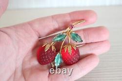 Vintage Austrian Double Red Strawberry Molded Fruit Glass Brooch Gold Tone