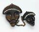 Vintage BAKELITE Brooch Pin Carved Tribal Mask Face Rhinestone Crystal RARE 40s
