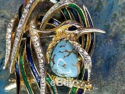 Vintage BOUCHER Bird of Paradise Brooch Pin Blue Enamel Turquoise Rhinestones