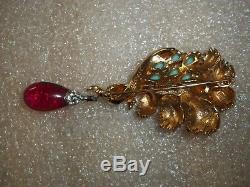 Vintage BOUCHER Gold Tone Enamel Rhinestone Cabochon with RUBY GLASS Drop Brooch