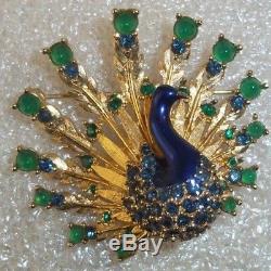 Vintage BOUCHER Gold Tone Rhinestone and Cabochon PEACOCK Brooch