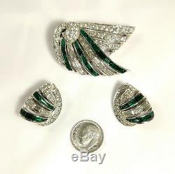Vintage BOUCHER Silver Green Baguette Rhinestones Brooch Earrings Set Art Deco