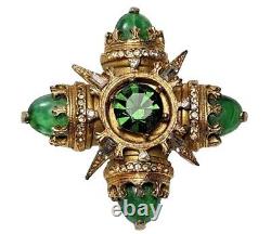 Vintage Benedikt NY Maltese Cross Brooch Pendant Pin Green Cabochons Signed