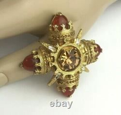 Vintage Benedikt NY Topaz Rhinestone Faux Carnelian Maltese Cross Brooch Pin