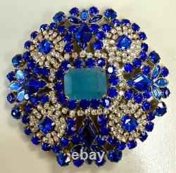 Vintage Bijoux M. G Blue Rhinestone Brooch Huge Statement Pin Cobalt Art Glass