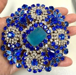 Vintage Bijoux M. G Blue Rhinestone Brooch Huge Statement Pin Cobalt Art Glass