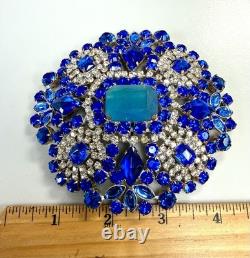 Vintage Bijoux M. G Blue Rhinestone Brooch Huge Statement Pin Cobalt Art Glass