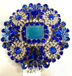 Vintage Bijoux M. G Blue Rhinestone Brooch Huge Statement Pin Cobalt Art Glass