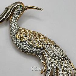 Vintage Bird Of Paradise Brooch Rhinestones HUGE Gold Tone Pot Metal