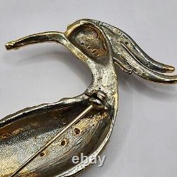 Vintage Bird Of Paradise Brooch Rhinestones HUGE Gold Tone Pot Metal