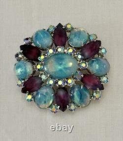 Vintage Blue Givre Glass Cabochon Purple Rhinestone Brooch Juliana Style