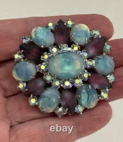 Vintage Blue Givre Glass Cabochon Purple Rhinestone Brooch Juliana Style