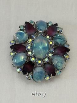 Vintage Blue Givre Glass Cabochon Purple Rhinestone Brooch Juliana Style