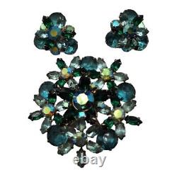 Vintage Blue Green Rhinestone and AB Domed Brooch Pin & Earrings Demi Parure Set
