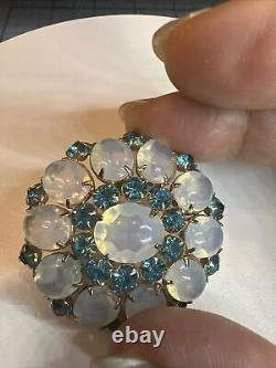 Vintage Blue Iridescent Glass Cabochons Brooch Pin Pendant Open Back