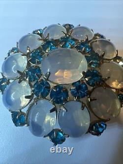 Vintage Blue Iridescent Glass Cabochons Brooch Pin Pendant Open Back