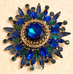 Vintage Blue and Green Rhinestone Brooch Rivoli, Navettes