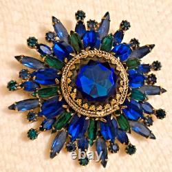 Vintage Blue and Green Rhinestone Brooch Rivoli, Navettes
