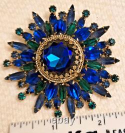 Vintage Blue and Green Rhinestone Brooch Rivoli, Navettes