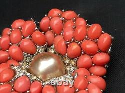 Vintage Boucher Brooch faux Pearl Coral And Rhinestone 1950s 6879