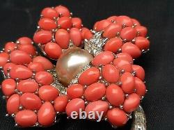 Vintage Boucher Brooch faux Pearl Coral And Rhinestone 1950s 6879