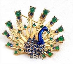 Vintage Boucher Signed Blue Green Rhinestone Green Stone Peacock Brooch Pin 8908