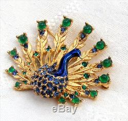 Vintage Boucher Signed Blue Green Rhinestone Green Stone Peacock Brooch Pin 8908
