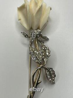Vintage Boucher Signed Carved Resin Rose Flower Rhinestone Gold Tone Brooch
