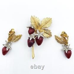 Vintage Boucher Strawberry Pin Brooch Clip Earrings Set Enamel Rhinestones Box