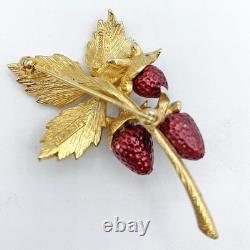 Vintage Boucher Strawberry Pin Brooch Clip Earrings Set Enamel Rhinestones Box
