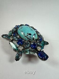 Vintage Brooch Alice Caviness Signed Turtle Blue Cabochon Figural Rhinestone